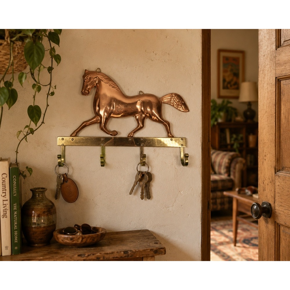 Vintage Copper Horse Key Holder Wall Mount Brass Hooks‎ Equestrian Decor